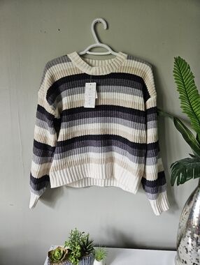 Neutral Striped Crewneck Sweater - Cream, Gray & Black